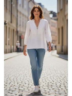 Women's Spense White Linen Blend Blouse with Gold Trim M